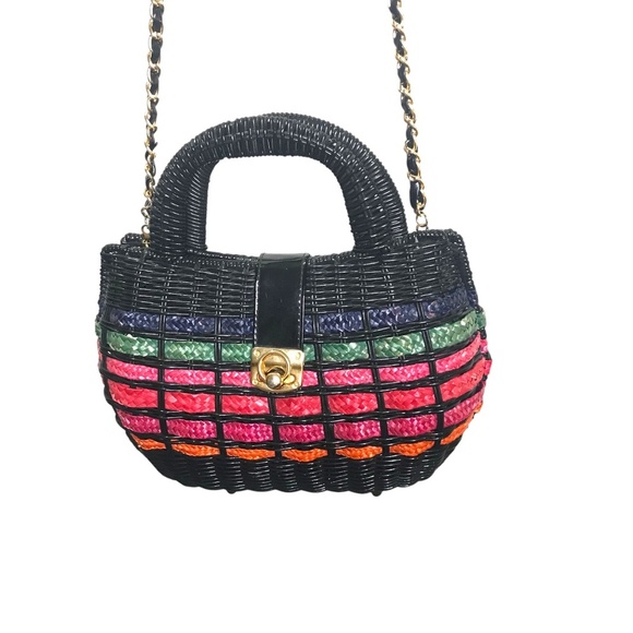 Vintage Woven Mini Top Handle Bag with Gold Chain Strap - Picture 3 of 15